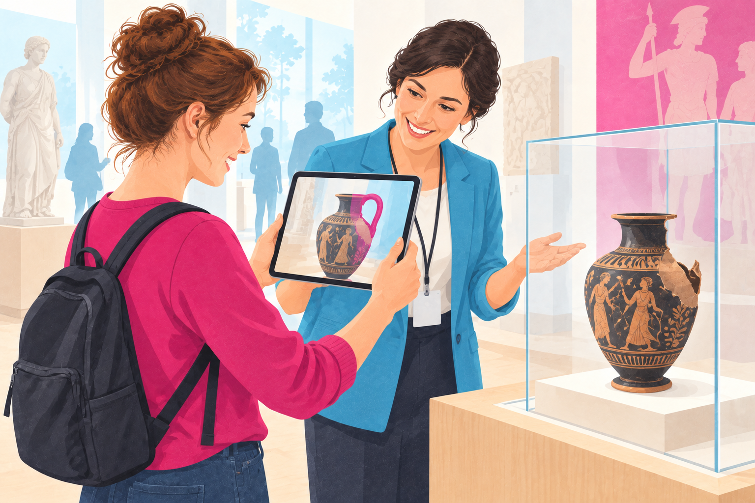 Illustration: Eine Besucherin entdeckt die digitale Ergänzung eines antiken Gefäßes auf einem Tablet