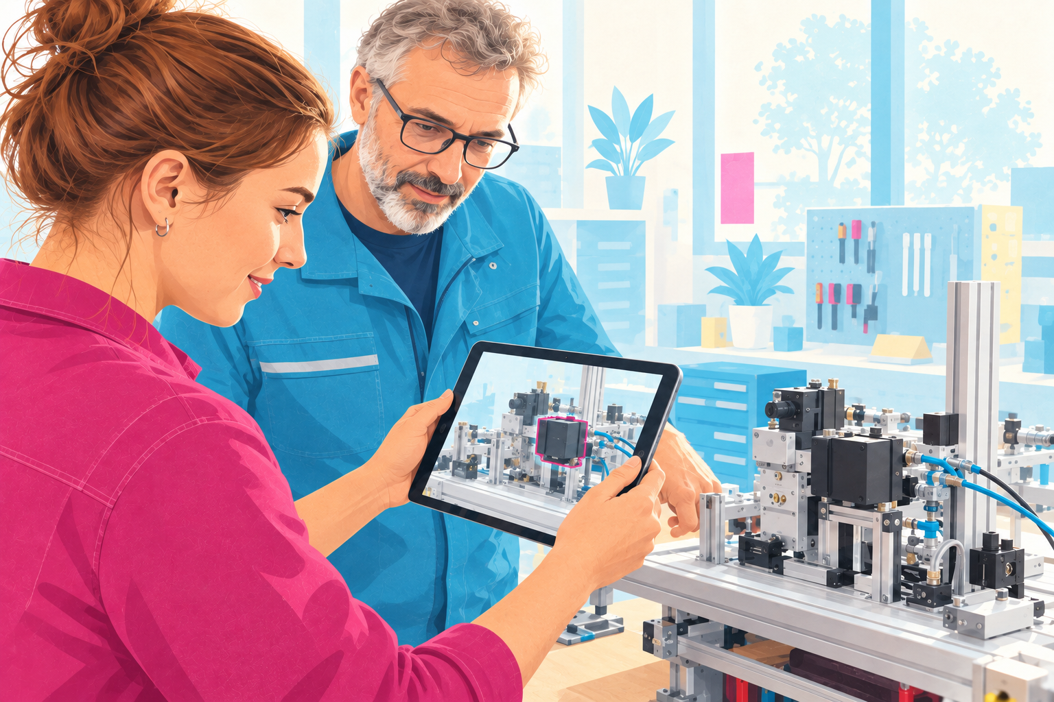Illustration: Zwei Fachkräfte betrachten eine Anlage mit AR-Markierung auf einem Tablet