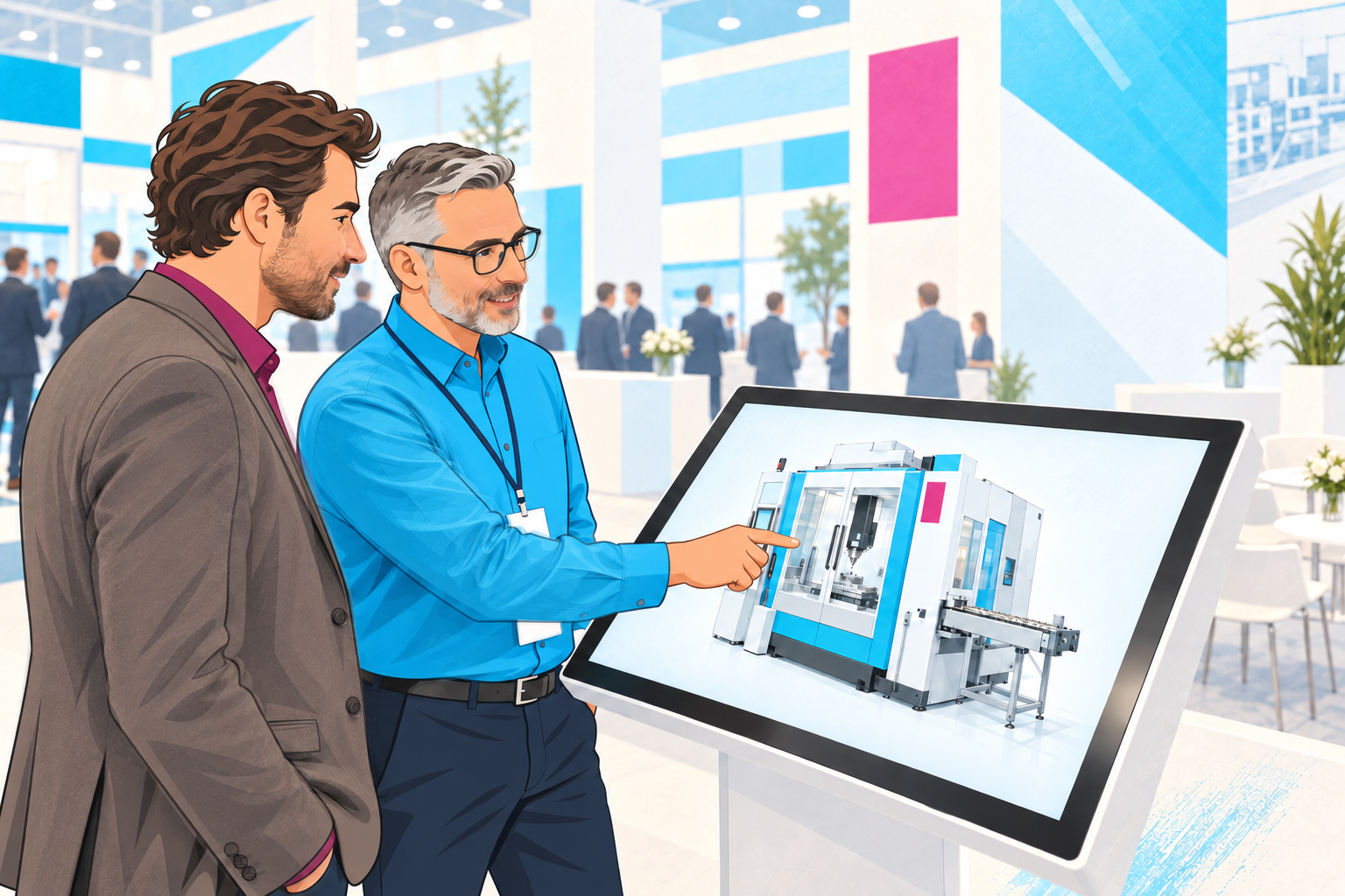 Mitarbeitende präsentieren eine Maschine interaktiv auf einem Touchdisplay