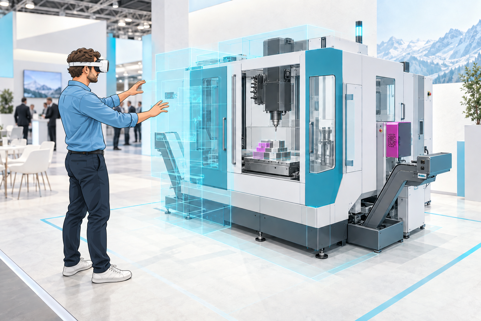 Mixed-Reality-Präsentation einer großen Maschine auf einem Industriemessestand