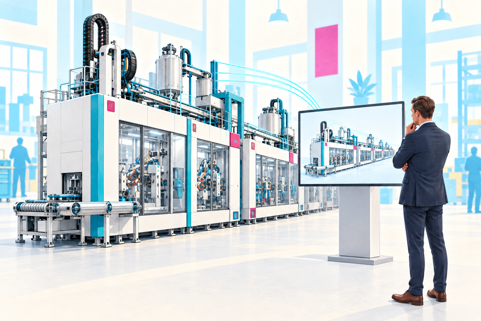 Interaktive 3D-Produktpräsentation einer Industrieanlage auf einem großen Touchdisplay
