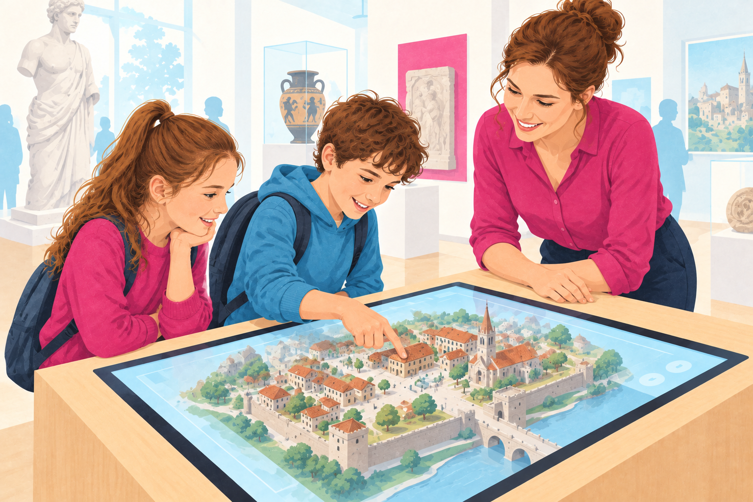 Illustration: Zwei Kinder erkunden mit einer Vermittlerin ein historisches Stadtmodell am Touchscreen