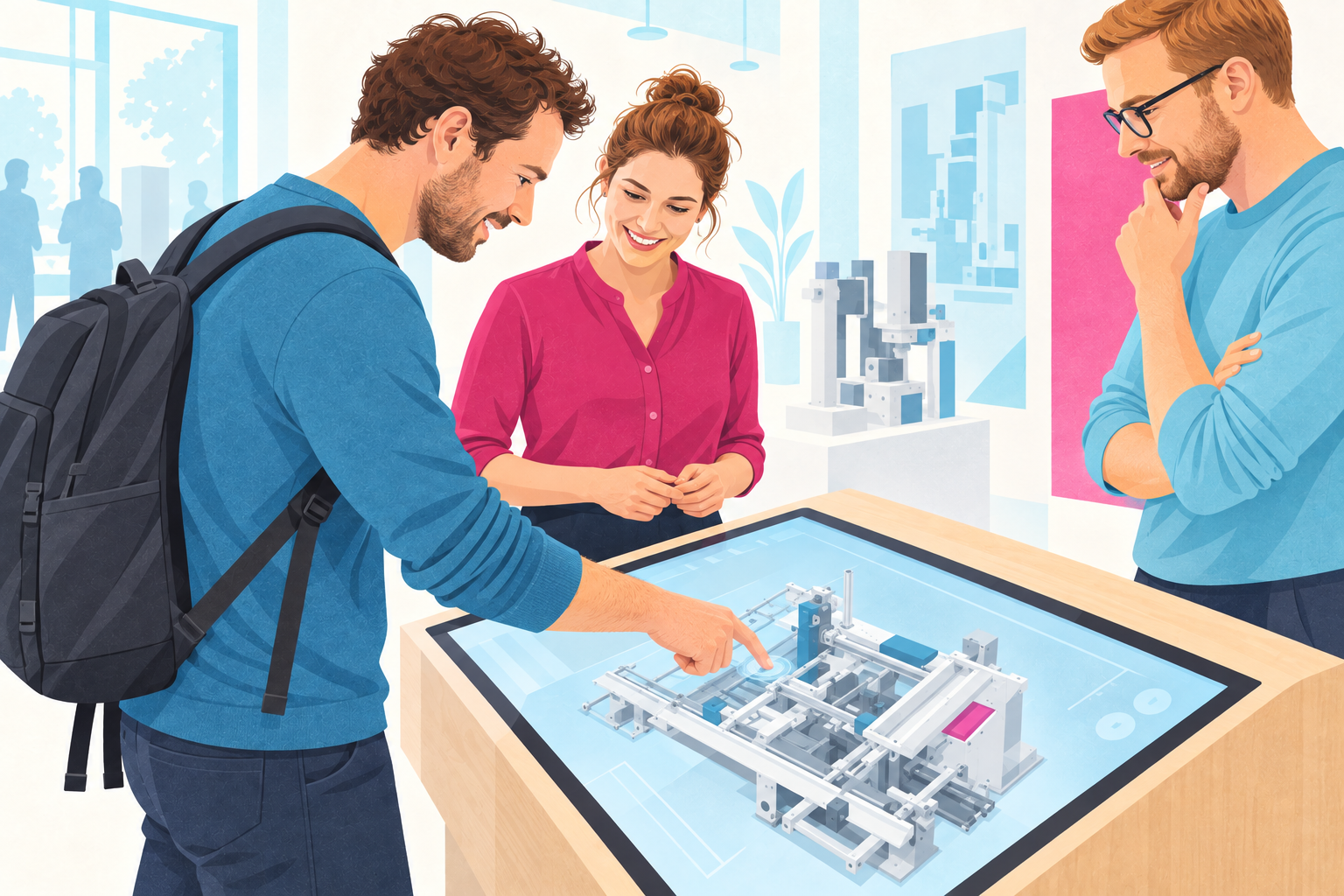 Illustration: Drei Personen erkunden ein Maschinenmodell am interaktiven Messetisch