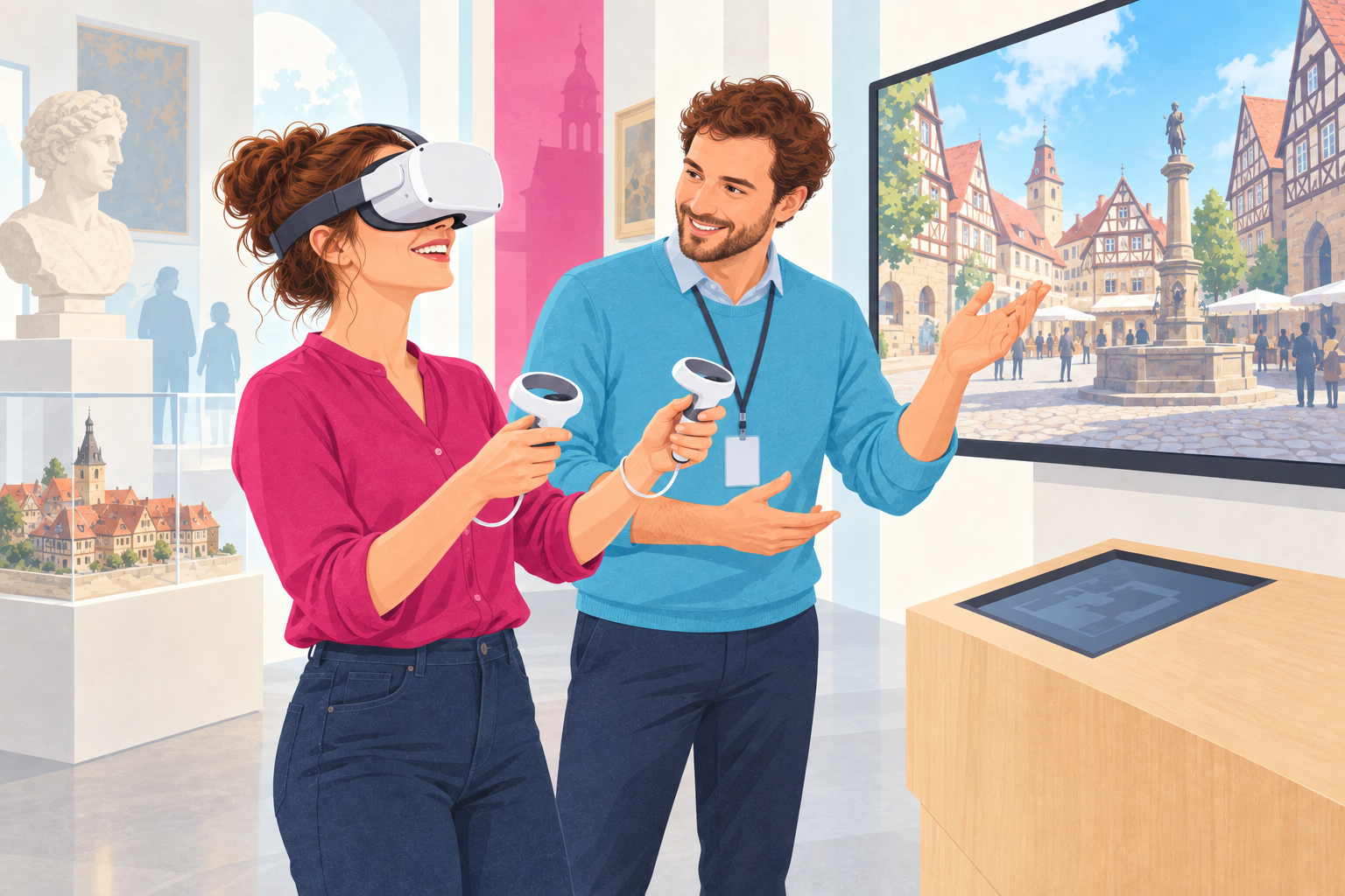 Illustration: Eine Besucherin erlebt mit VR-Brille eine historische Stadt, begleitet von einem Museumsmitarbeiter