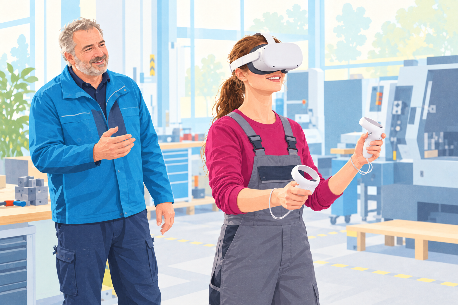 Illustration: Eine Frau übt mit VR-Brille und zwei Controllern, begleitet von einem Ausbilder
